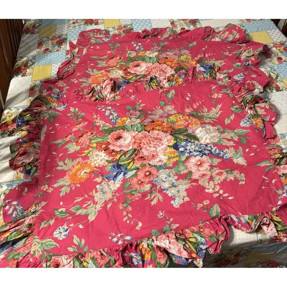Vtg Ralph Lauren Southampton Fuschia Sham LOT of 2 Standard Floral Ruffled Pink
